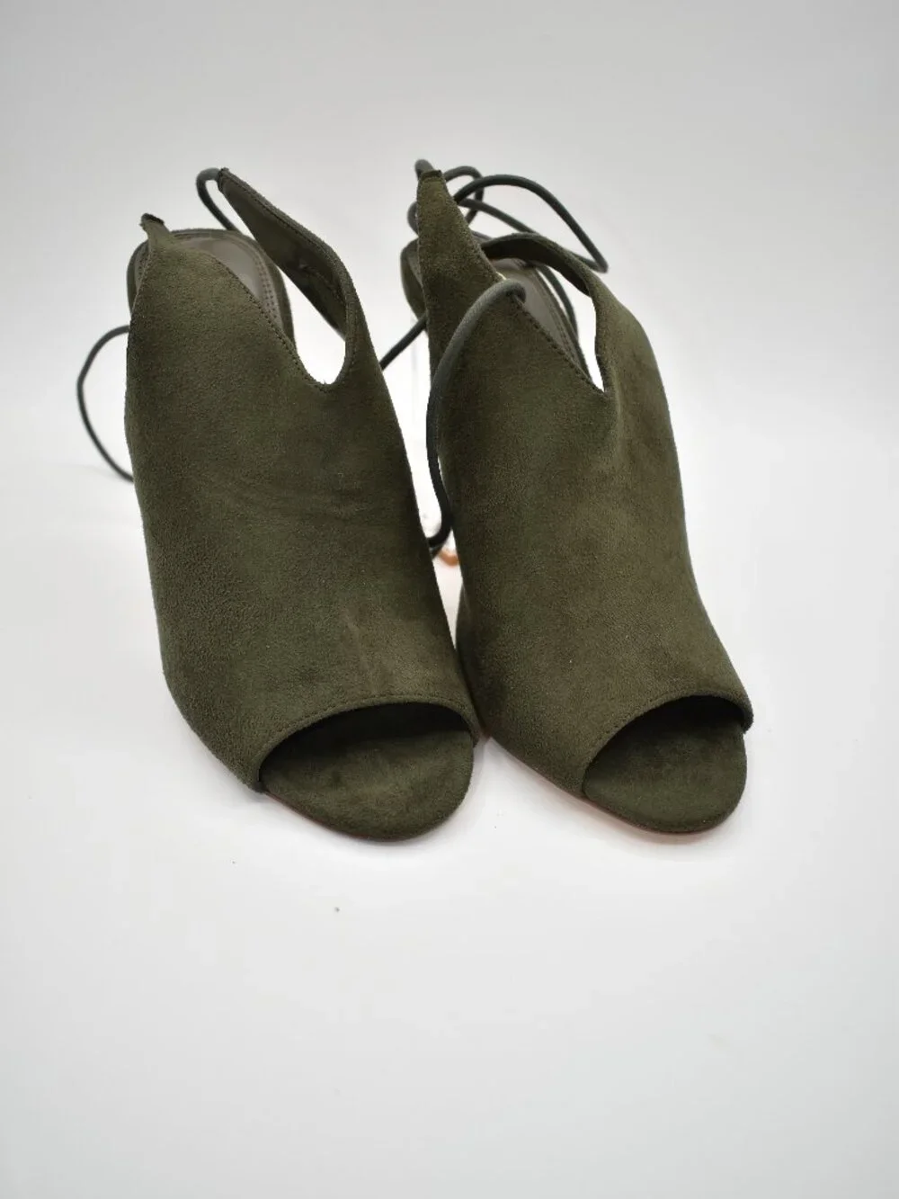 New w/ Box 7.5 Olive Green Olivia Jaymes Suede Clear Block Heel Lace Up Open Toe